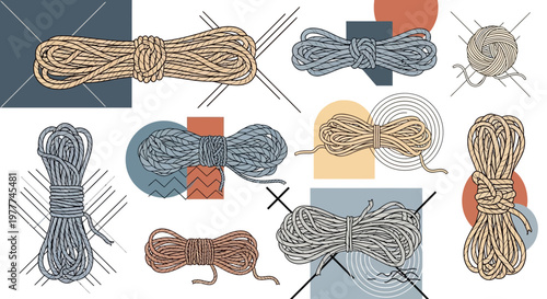 Collection of Textured Rope Bundles and Knots on Abstract Geometric Background