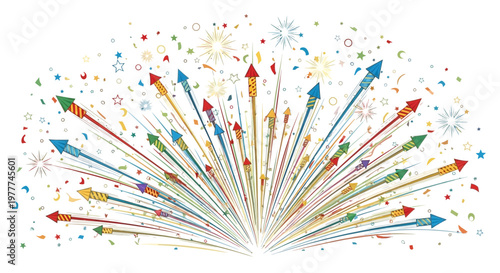 Explosion of Colorful Fireworks Rockets and Confetti Celebrating Festive Event