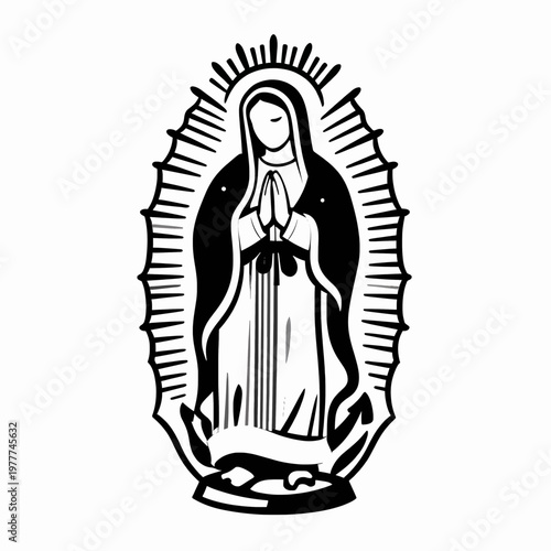 Black and White Flat Vector Illustration of a Single Mexican Religious Icon, Our Lady of Guadalupe Virgin Mary in Prayer, Traditional Hispanic Spiritual Symbol, Isolated on White Background