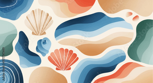 Abstract Seashells and Waves Pattern: Coastal Summer Vibes