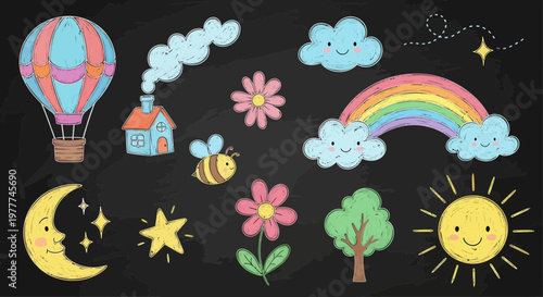 Cute Cartoon Elements: Hot Air Balloon, Rainbow, Sun, Moon, Stars, Tree, Flowers, Bee, House