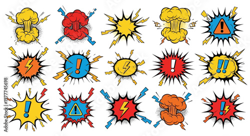 Explosion Comic Book Sound Effects, Danger Signs, and Lightning Bolts