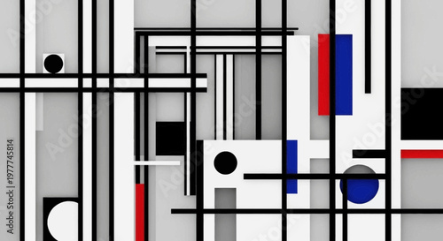 Abstract Geometric Composition with Black, White, Red, and Blue Elements