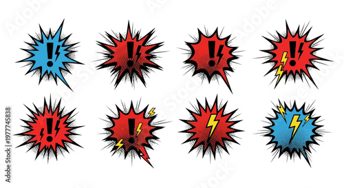 Explosion Speech Bubbles with Exclamation Marks and Lightning Bolts, Comic Style