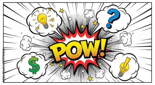 Comic POW! Idea lightbulb money question mark thought bubbles explosion concept