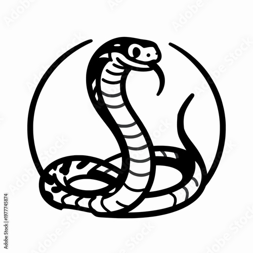 Minimalist flat vector illustration of a single black and white Ouroboros snake biting its tail, symbolic circular serpent icon isolated on white background for eternity and cycle concepts.