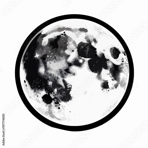Minimalist flat vector illustration of a single full moon at night, featuring detailed black lunar craters and celestial surface texture, astronomical space concept isolated on white background.