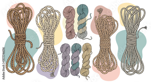 Crafting Supplies: Assorted Skeins of Yarn and Coils of Rope for DIY Projects
