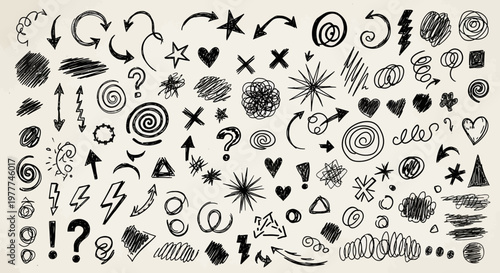 Hand Drawn Doodle Elements: Arrows, Stars, Hearts, Question Marks, Scribbles & Symbols on Textured Background