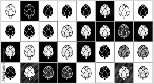 Artichoke Pattern: Black and White Graphic Design with Repeating Vegetable Motifs