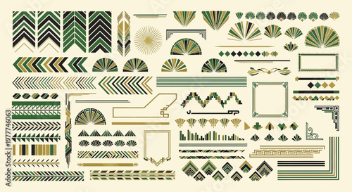Art Deco Geometric Borders and Ornaments - Green, Gold, Black Patterns