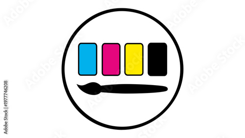 CMYK color palette vector icon featuring cyan, magenta, yellow, and black swatches with a paintbrush. Minimalist flat illustration for graphic design, printing, digital art, and creative branding.