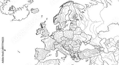 Blank Outline Map of Europe with Topographic Relief and Borders