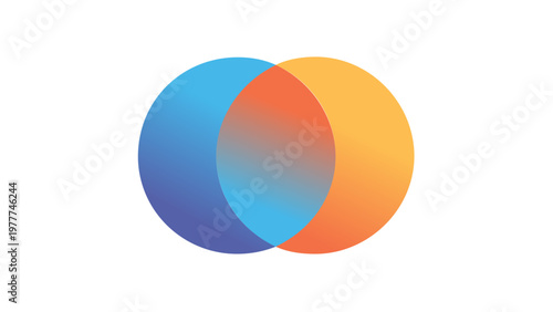 Minimalist vector illustration of two overlapping circles representing color theory and harmony. Features blue and orange gradients creating a Venn diagram effect. Scalable AI-generated icon.