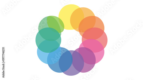 AI-generated vector icon illustration of a vibrant rainbow color wheel featuring overlapping translucent circles, perfect for graphic design, color theory, and creative branding projects.