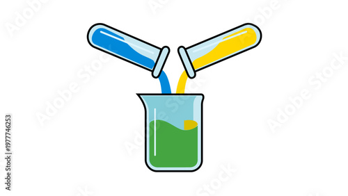 Vector illustration of a chemistry experiment demonstrating color theory by mixing blue and yellow liquids from test tubes into a beaker to create green, flat minimalist science icon design.