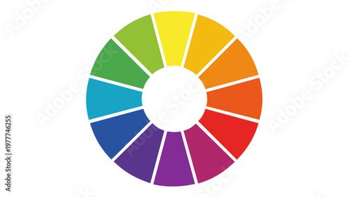 Vibrant color wheel vector icon illustration featuring a spectrum of rainbow gradients in a circular arrangement. Minimalist flat design for graphic design, art theory, and creative projects.