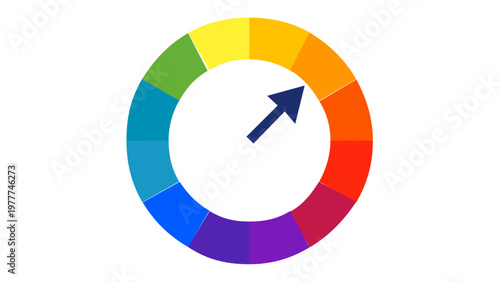 Vibrant AI-generated vector illustration of a circular color wheel icon with twelve distinct spectrum segments and a dark blue arrow pointer, perfect for graphic design, art theory, and education.