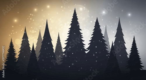 Magical Winter Forest Silhouette with Golden and Silver Bokeh Lights