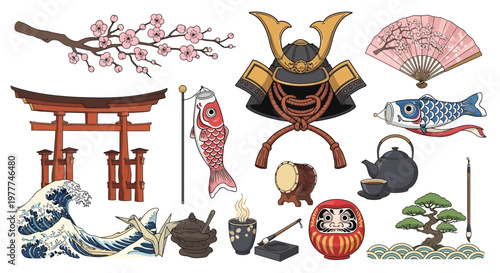 Japanese Culture Icons: Samurai Helmet, Torii Gate, Cherry Blossoms, Wave, Tea Set, Daruma Doll