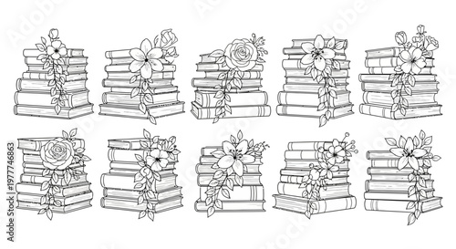 Stack of Books with Flowers Sketch, Vintage Library Illustration