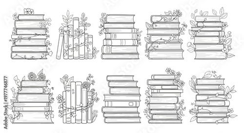 Stack of Books with Flowers and Leaves, Vintage Sketch Style