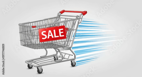 Shopping Cart with SALE Tag Moving Fast, Express Shopping, Online Retail, E-commerce Concept