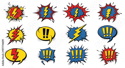Comic Book Speech Bubbles with Lightning Bolt and Exclamation Marks