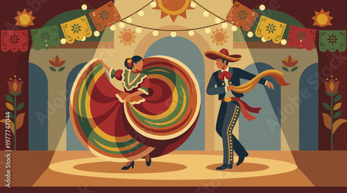 Mexican Folk Dance Performance with Traditional Costumes and Decor