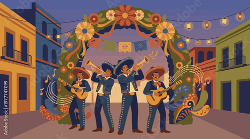 Mexican mariachi band playing music at a festive street celebration