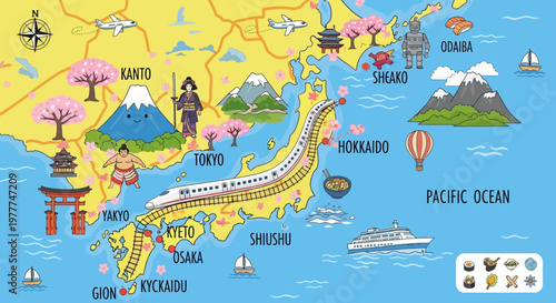 Illustrated Map of Japan with Landmarks, Culture, and Transport Icons