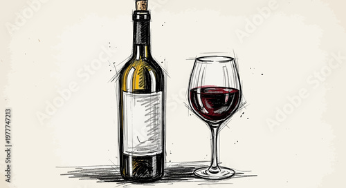 Hand-drawn sketch of red wine bottle and glass, vintage illustration style