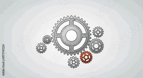 Gears Mechanism Concept: One Red Gear Standing Out in a Group of Silver Gears