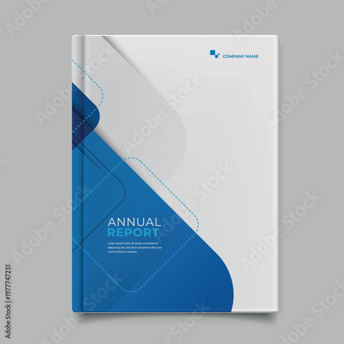 Fotografia A professional hardcover annual report book mockup featuring a clean blue and white geometric abstract design for corporate branding and business presentations