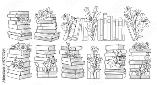 Hand-Drawn Stacked Books with Flowers - Vintage Sketch Illustration