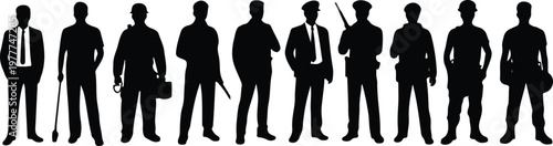 Minimalist black and white silhouette illustration of business men in suits with varied poses in horizontal lineup composition