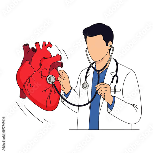 Doctor With Stethoscope Examining Heart Illustration.