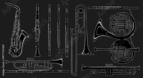Musical Instruments Blueprint: Saxophone, Trumpet, Clarinet, Flute, Trombone, French Horn