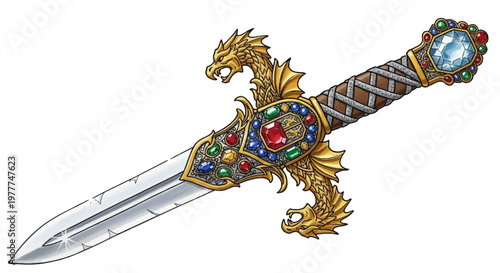Ornate jeweled dagger with dragon hilt, fantasy weapon, medieval collectible