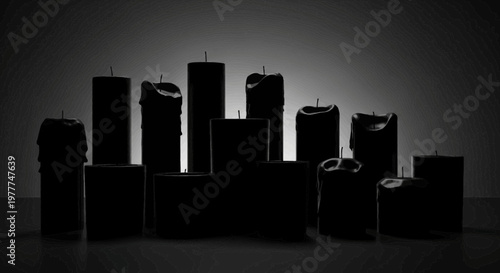 Mysterious dark candles in a row, glowing with inner light, abstract background