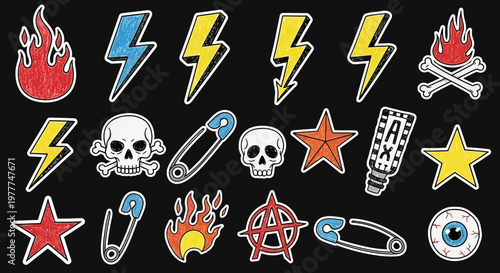 Punk Rock Sticker Pack: Skulls, Flames, Safety Pins, Anarchy, Lightning Bolts