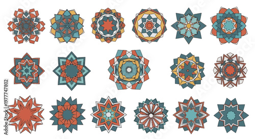 Set of 15 Geometric Mandala Ornaments, Ethnic Decorative Elements, Tribal Patterns