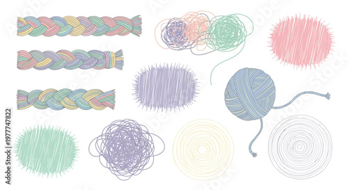 Hand-drawn yarn balls and braids in pastel colors, creative craft elements