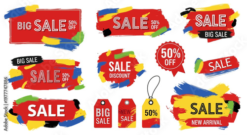 Big Sale Discount Tags and Banners with Colorful Brush Strokes - Marketing Promotion