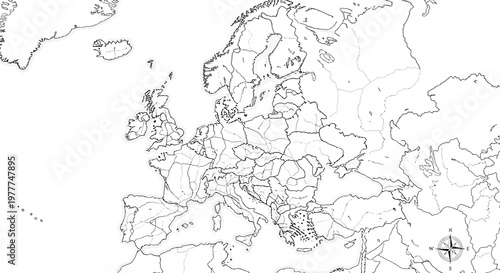 Blank Europe Map Outline with Borders and Rivers - Political Geography