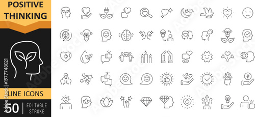 Positive Thinking Line Icon Set. Editable Stroke. Vector Illustration,Positive Mind Icons Set. Motivation, Success and Mental Wellness Symbols.