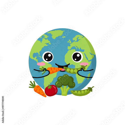 Cute Cartoon Earth Character With Vegetables.