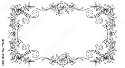 Elegant Floral Border Frame with Roses and Swirls - Vintage Decorative Element