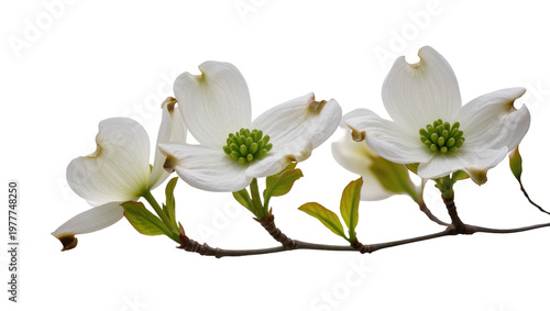 Photography Isolated dogwood flowers blooming on a branch with fresh green leaves, springtim