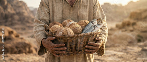 Biblical concept of the miracle of feeding the 5000: five loaves and two fishes in a woven basket held by a man in ancient clothing against a rocky desert background. Christian gospel story
